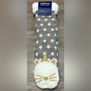 NWT Petco Cozy Fleece Lined Caticorn Slipper Socks - Grey/Pink Polka Dot